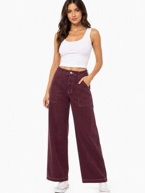 Studio Blue Maroon Wide Leg Jeans Size 29 High Rise Stretch Utility Pocket Cropp